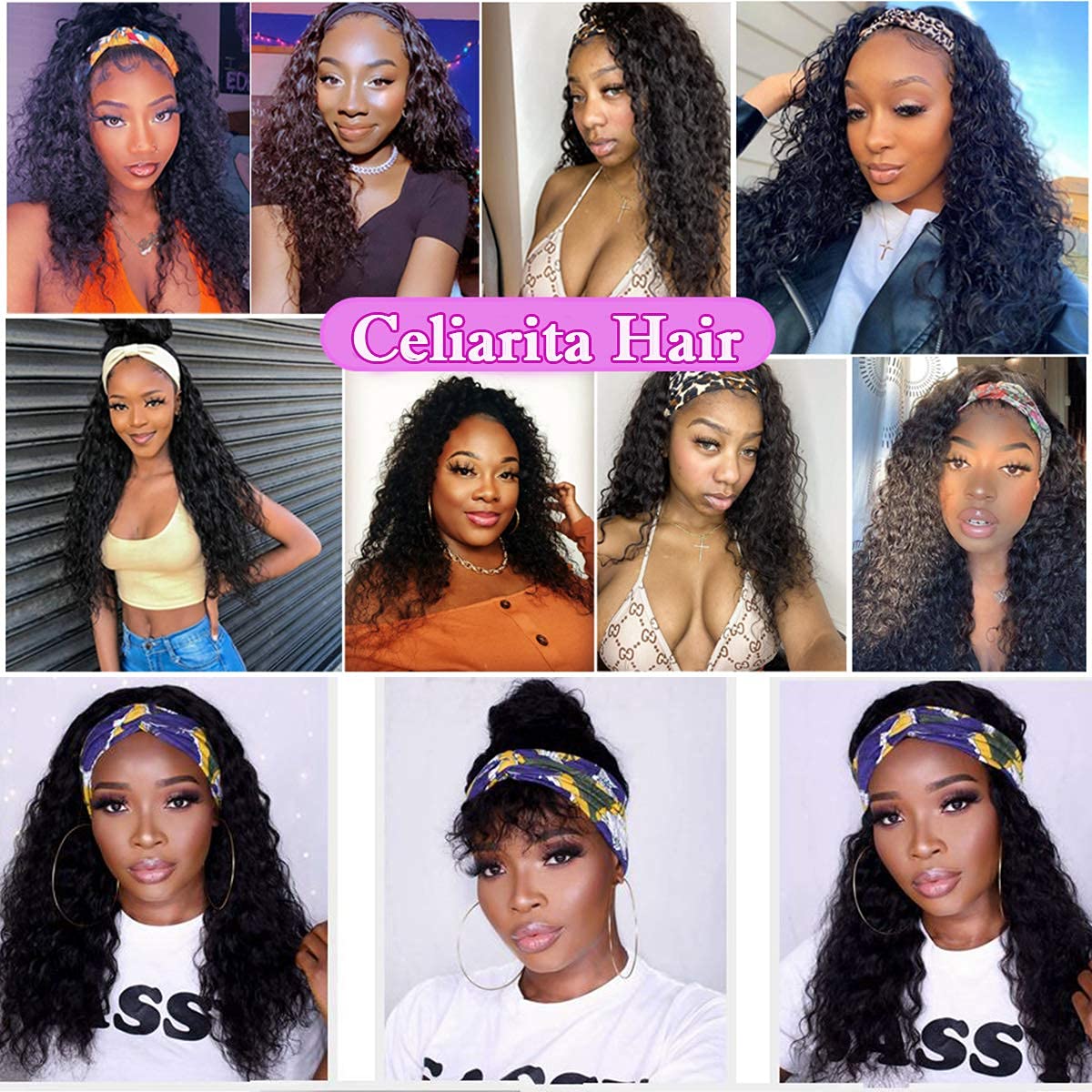 Celiarita Deep Wave Headband Wig Human Hair 12inch None Lace Front Wigs Brazilian Virgin Hair Machine Made Wigs Glueless Deep Curly Wave Headband Half Wigs for Black Women Human Hair Natural Color