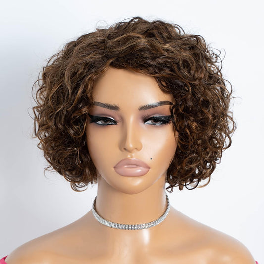 Rebecca Fashion Short Curly Human Hair Wigs for Black Women Side Part Cute Curly Bob Wig Brazilian Remy Non Lace Glueless Wigs Natural Looking Highlight Brown Blonde Color