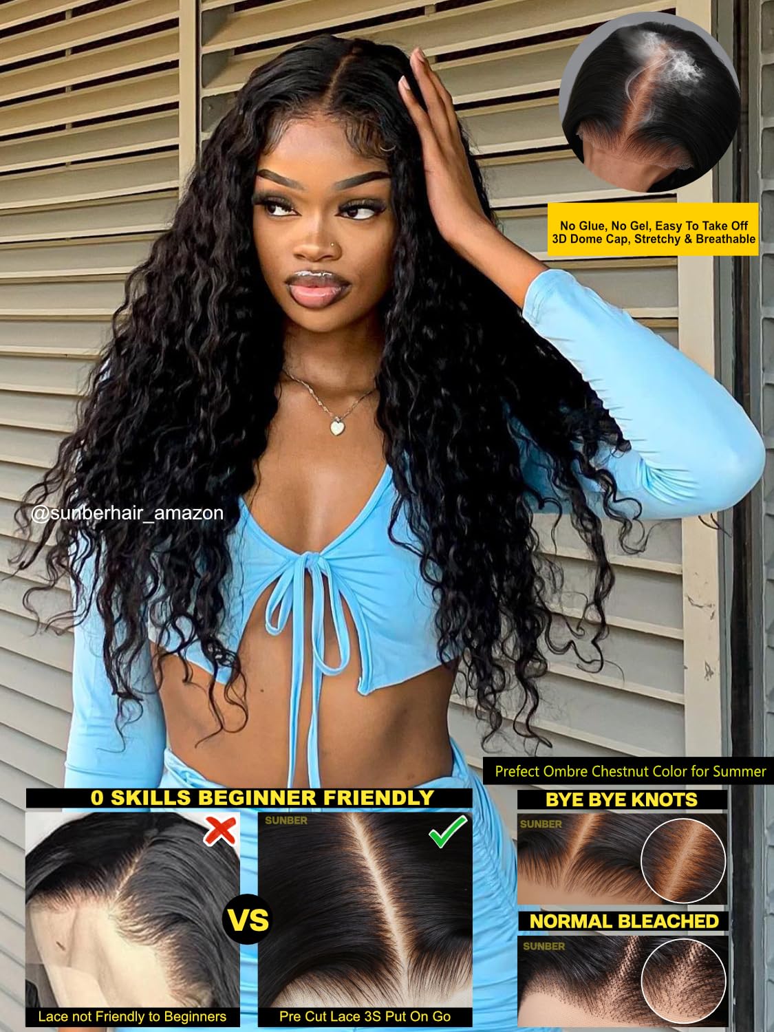 Sunber 4C Kinky Edges Water Wave Human Hair Wigs with Drawstring Bye Bye Knots Pre Cut 7x5 HD Lace Front Water Wave Glueless Wigs Put On and Go Pre Bleached Knots 180% Density 14Inch Beginner friendly