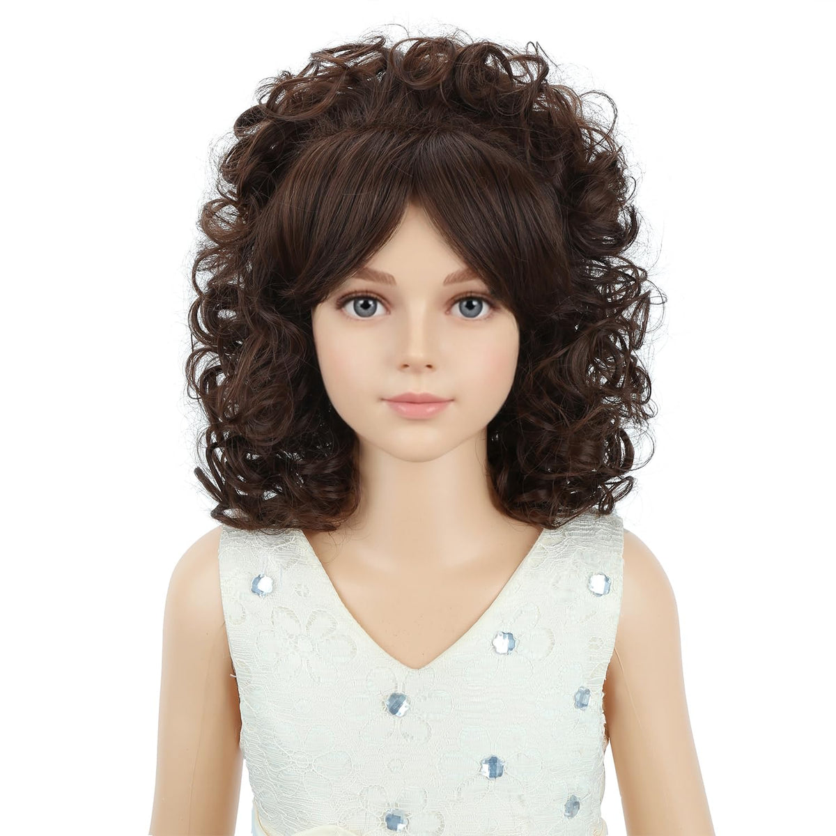 PATTNIUM Brown Short Curly Wig for Girls Kids Shoulder Length Brown Curly Synthetic Wig with Wig Cap Halloween Cosplay Costume Party Daily Wig