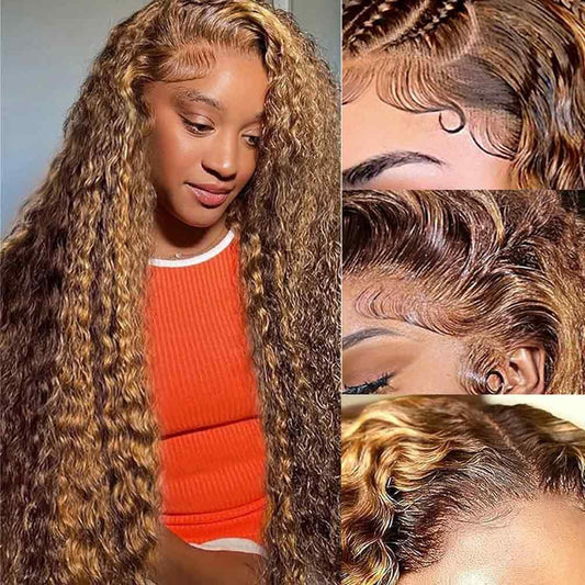 WPPIKK Highlight Lace Front Wig Human Hair 180 Density Brazilian Wet and Wavy Human Hair Wigs for Black Women Curly P4/27 Colored 13x4 Lace Frontal Wig (P4/27 Highlight Color, 32 Inch)