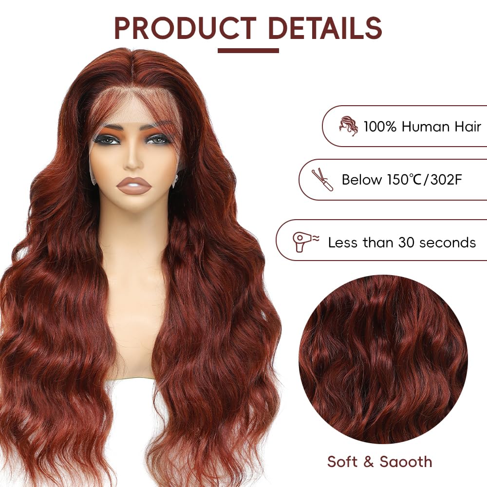 Reddish Brown Lace Front Wigs Human Hair Pre Plucked 200% Density Body Wave Auburn Colored Human Hair Wig 13x4 HD Lace Front Wigs Human Hair For Women Lace Frontal Wig 24 inch