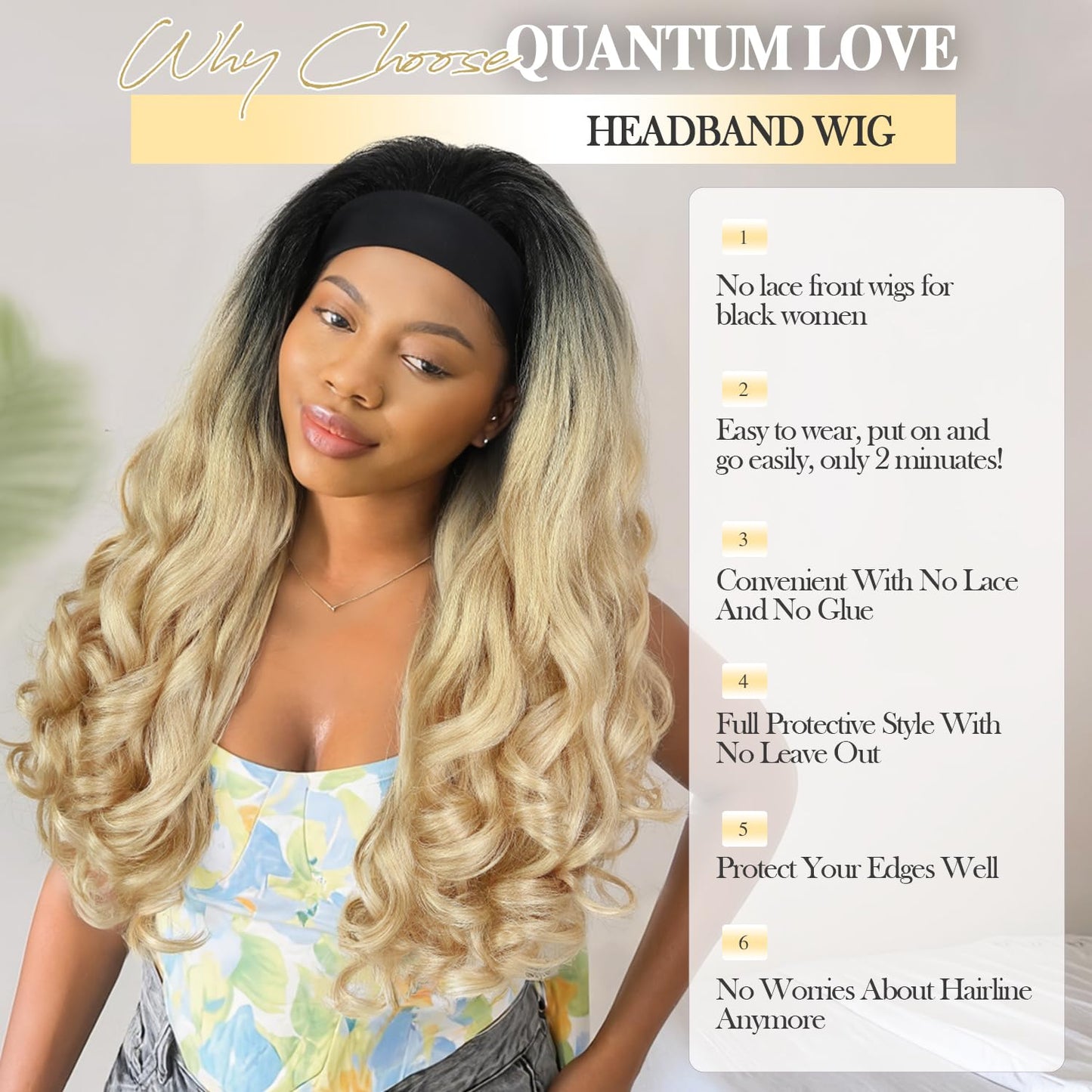 Quantum Love Yaki Curly Headband Wigs for Black Women Kinky Straight Ombre Blonde Headband Curly Ends Synthetic Wear and Go Glueless half Wig with Headbands Attached