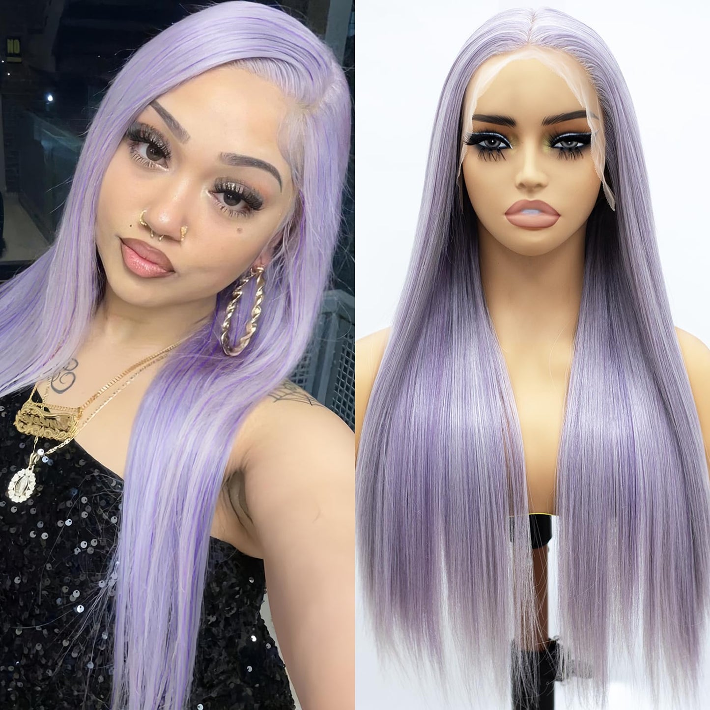 Fugady Long Light Purple Highlighted Glueless Straight Lace Front Wig Lavender 200 Density Pre Plucked Synthetic Heat Resistant Wig With Baby Hair Colorful Lace Wigs For Women Cosplay Party 26 inch