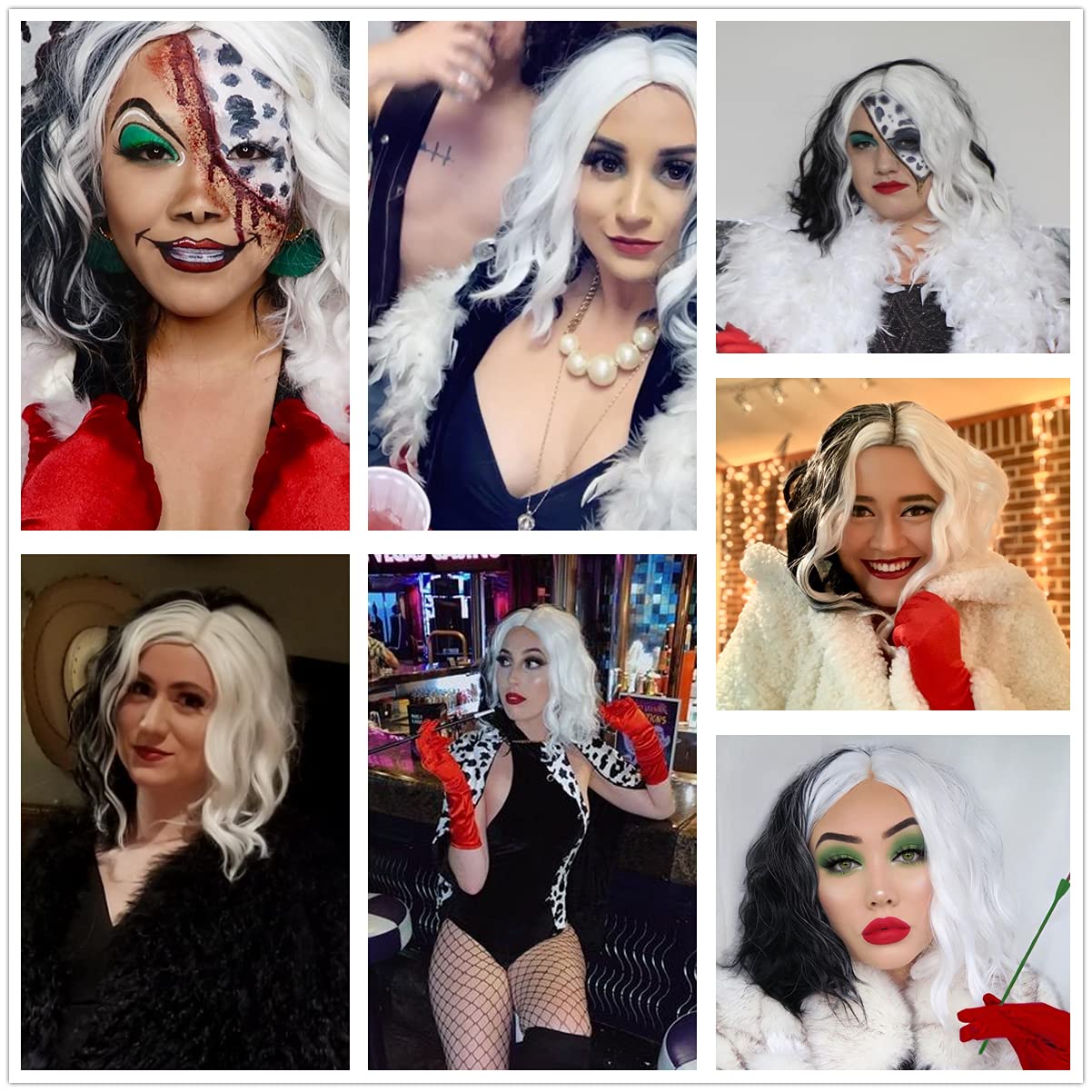 Ruina Half Black White Cruella Deville Wig for Cruella Deville Costume Women Girls Cruella Costume Curly Wavy Wigs for Party Halloween Costume R019BW