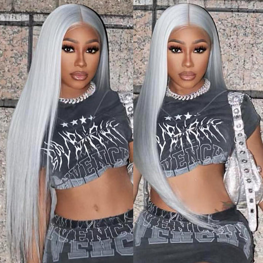 BrownBomb Grey Wig Long Silver Lace Front Wig Pre Plucked Small Knots Ready to Wear, Silver Gray Synthetic Hair Wigs for Women 26inch Long Straight Silver Wig