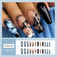 Press on Nails Long Coffin Fake Nails Black Blue Marble Glue on Nails Press on False Nails Glossy Acrylic Ballet Nails Full Cover Reusable Stick on Nails for Women Summer Nails Art Decorations 24PCS