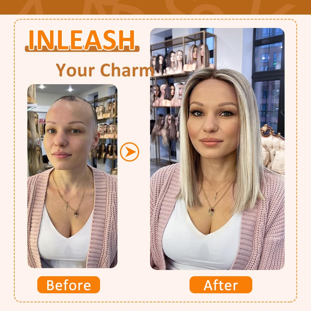 Ombre Ash Blonde Wigs Human Hair for Women 12A Real Human Hair Summer Wig Straight Short Blonde Bob Wig with Dark Roots Breathable Pre Cut Plucked 13x4 UHD Lace Front Wig for Daily Party 12In 180%