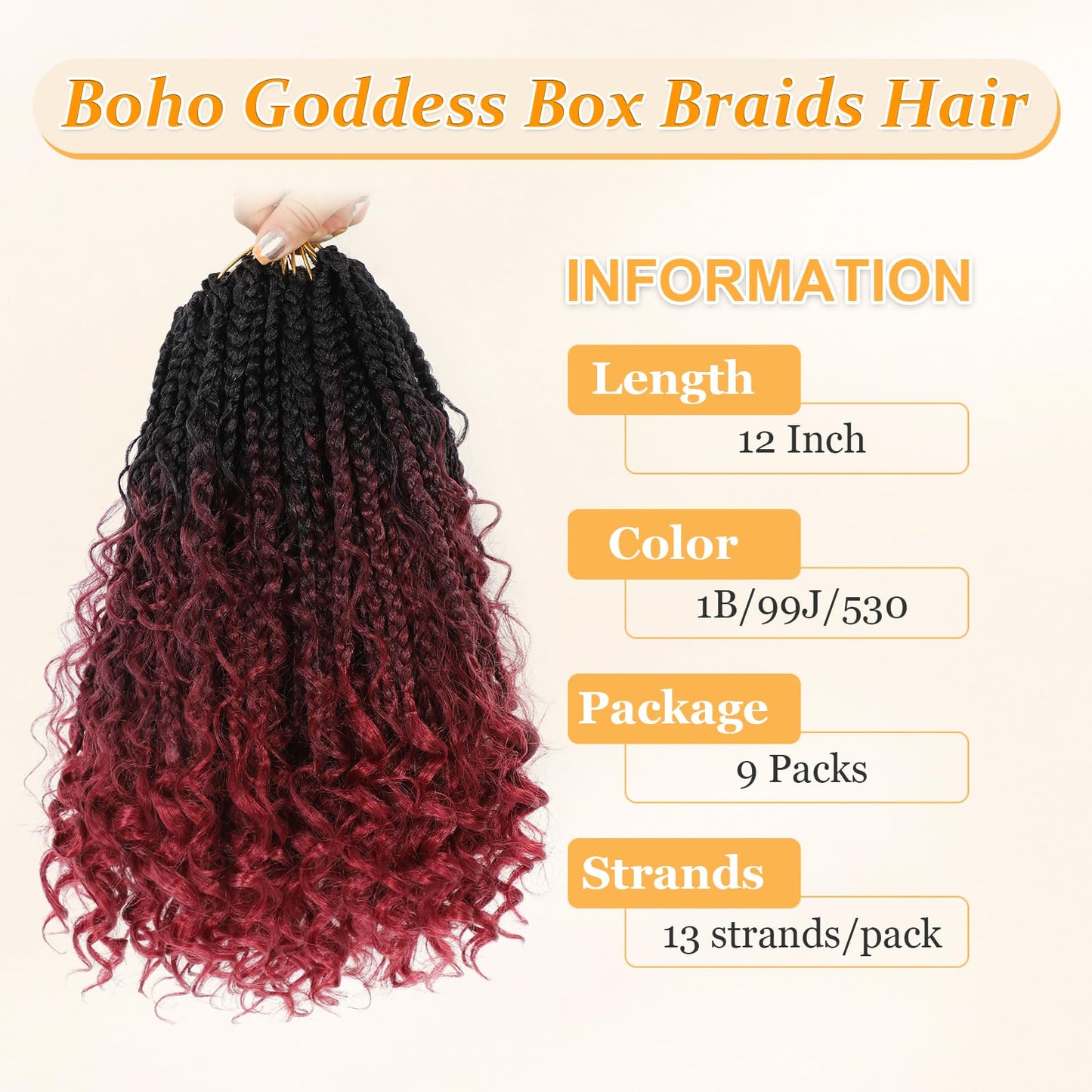 Yewell Goddess Box Braids Crochet Hair 12 Inch, 9 Packs Boho Box Braids for Black Women Pre-Looped (12Inch 9 Packs, T99J530)