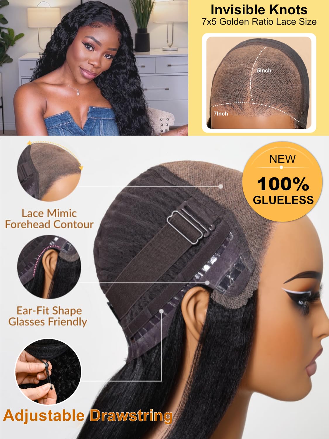 Sunber 4C Kinky Edges Water Wave Human Hair Wigs with Drawstring Bye Bye Knots Pre Cut 7x5 HD Lace Front Water Wave Glueless Wigs Put On and Go Pre Bleached Knots 180% Density 14Inch Beginner friendly