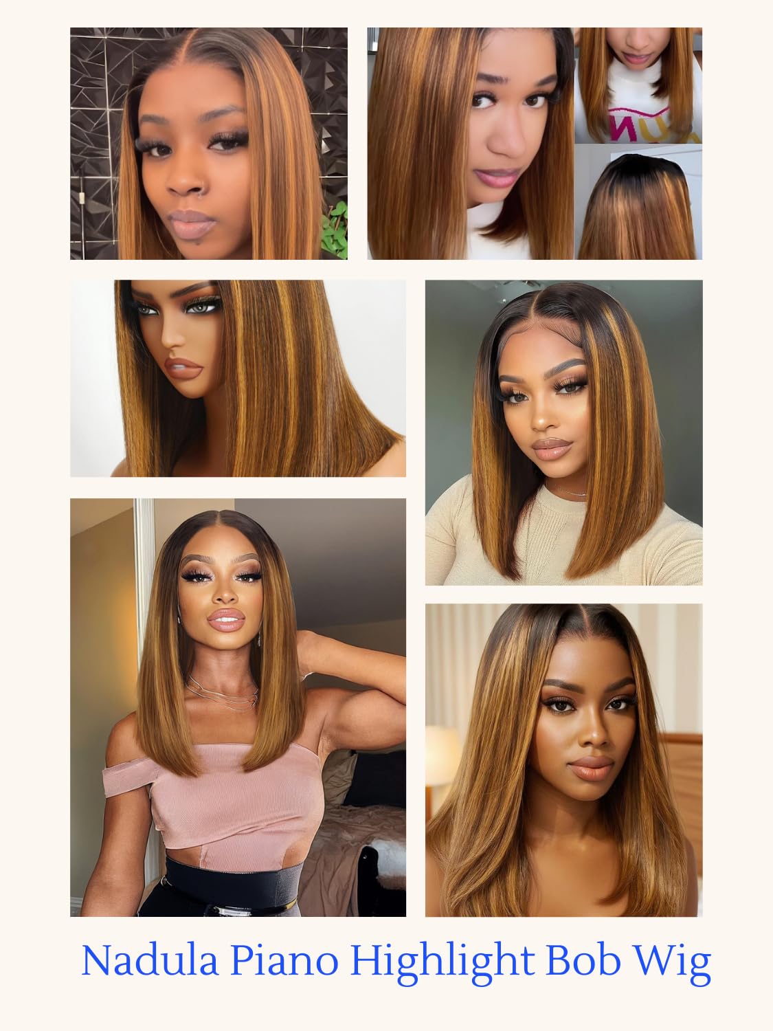Nadula 13X4 HD Honey Brown Piano Highlight Bob Straight Drawstring Wig Human Hair - Pre Everything Glueless Ombre Bob Lace Front Wig with Ear Tape - Ready to Go Short Blunt Bob Wig 10inch