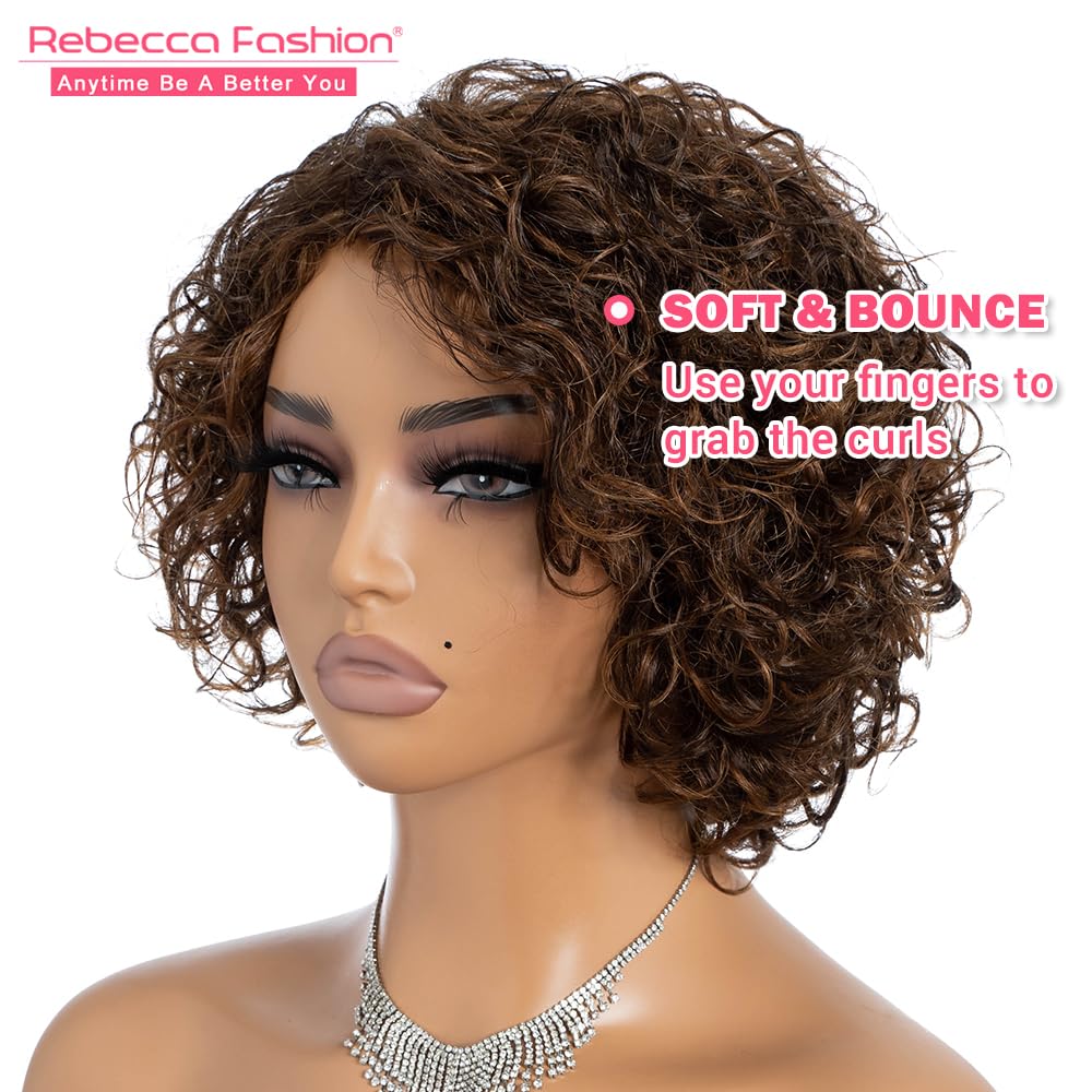 Rebecca Fashion Short Curly Human Hair Wigs for Black Women Side Part Cute Curly Bob Wig Brazilian Remy Non Lace Glueless Wigs Natural Looking Ombre Brown Color