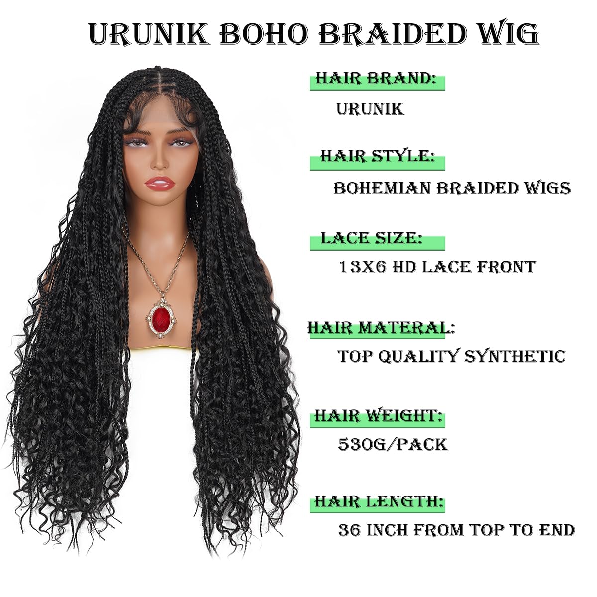 URUNIK Boho Knotless Braided Wigs for Black Women Bohemian Box Braided Wigs With Baby Hair Synthetic Boho Braid Lace Front Wig Natural Black(Natural Black, 13x6 Boho Braided Wig 36 Inch)