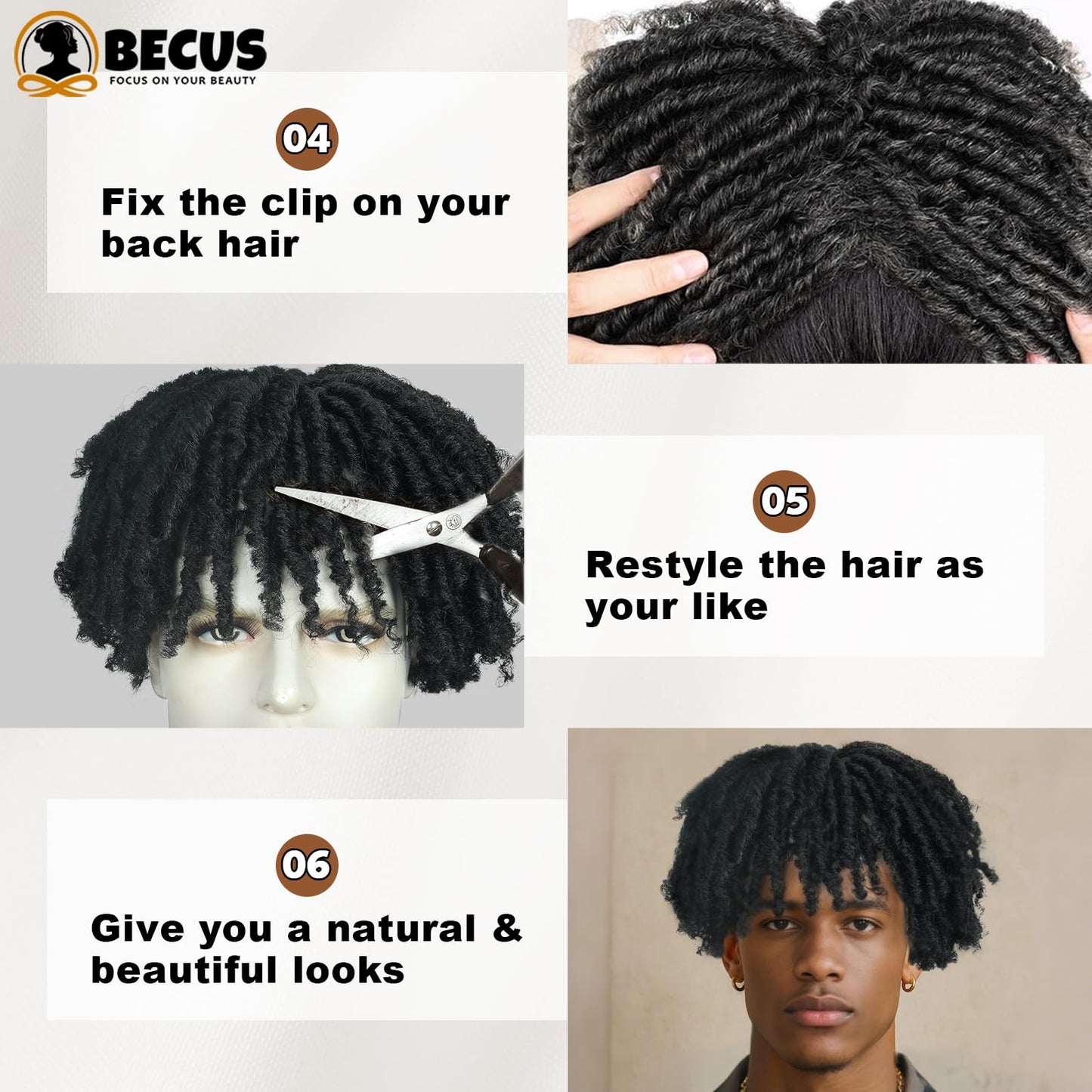 BECUS Topper Dreadlock Hairpiece for Black Men, Short Afro Fake Dreads Braids Clip In Toupee with Clips, Hairpieces for Thinning Hair, Daily Wear Halloween Cosplay Costume Party(Black-Toupee)