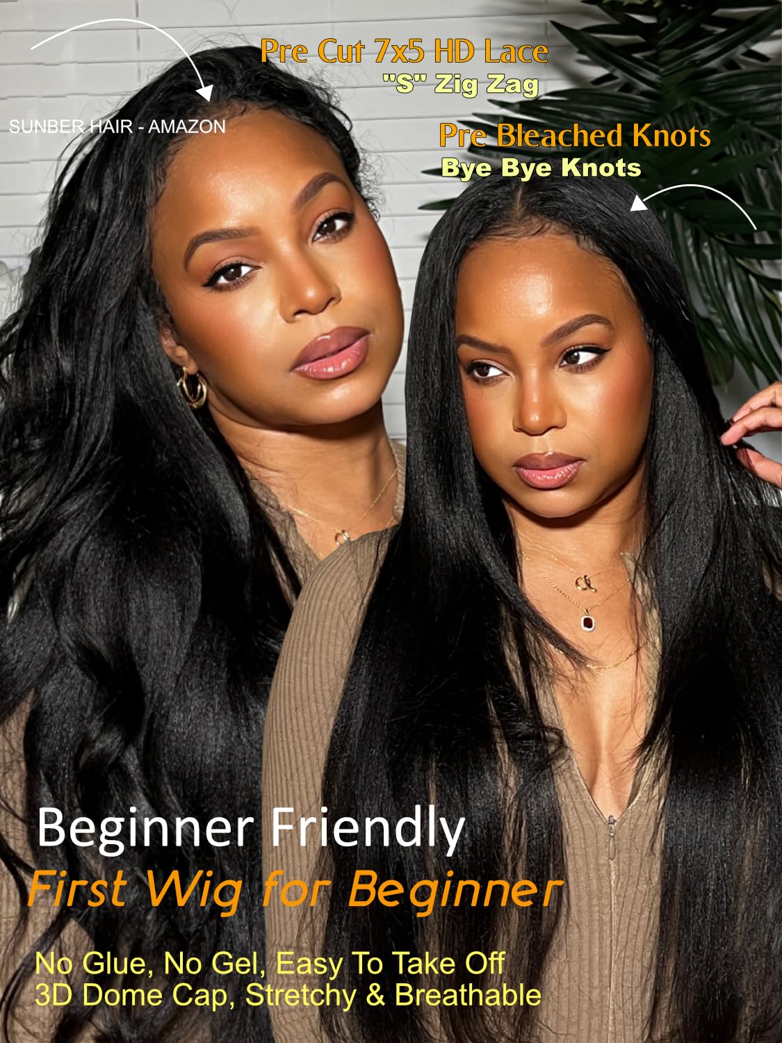 Sunber Yaki Straight Bye Bye Knots Pre Cut Lace 7x5 Lace Front Glueless Wig Put On Go Light Yaki Straight Human Hair Wig Pre Bleached Invisible Knots 150% Density with Baby Hair 20Inch for Beginner
