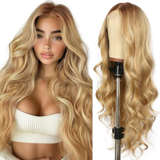 SAPPHIREWIGS Long Wavy Wig for Women Synthetic Lace Front Wig Ombre Honey Blonde Body Wavy Hair Heat Resistant Fiber Hair for Daily Party Use 26 Inch