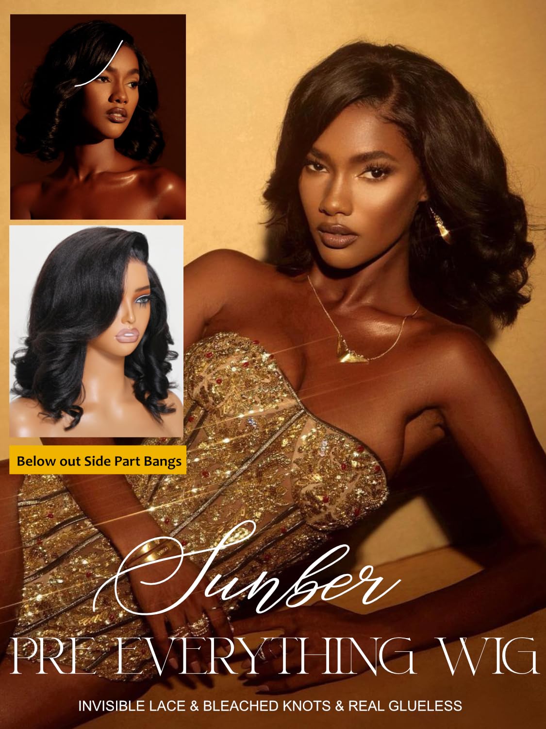 Sunber Put On and Go Glueless Light Yaki Loose Wave Bob Human Hair Wigs Pre Plucked Pre Bleached Human Hair Bye Bye Knots Pre Cut 13x4 HD Lace Front Lace with Elastic Drawstring Pre Everything 12Inch