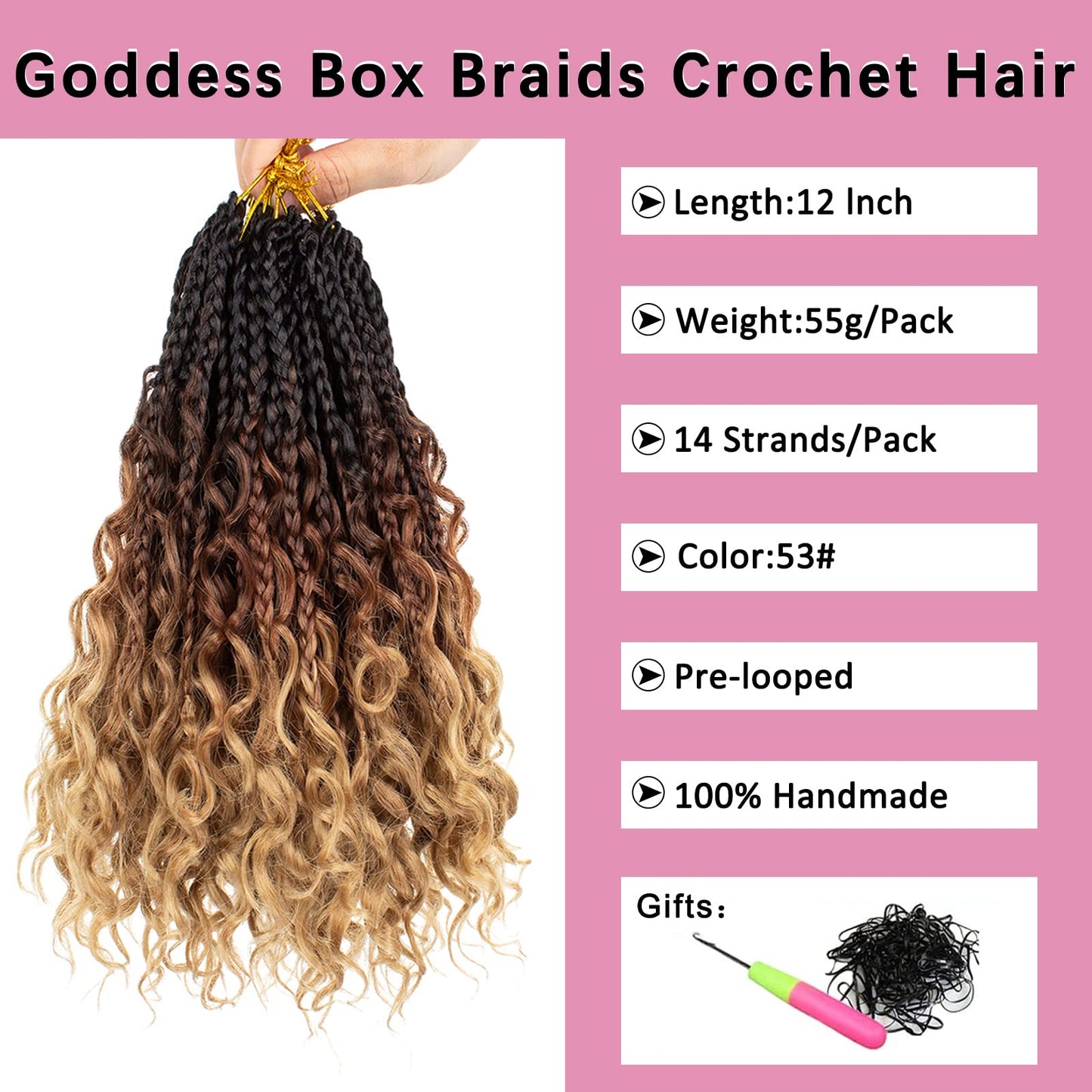 COOKOO 12 Inch Boho Box Braids Crochet Hair for Black Women 8 Pack Synthetic Pre Looped Bohemian Goddess Box Braids Crochet Hair Curly Ends Ombre Brown Braiding Hair 53#