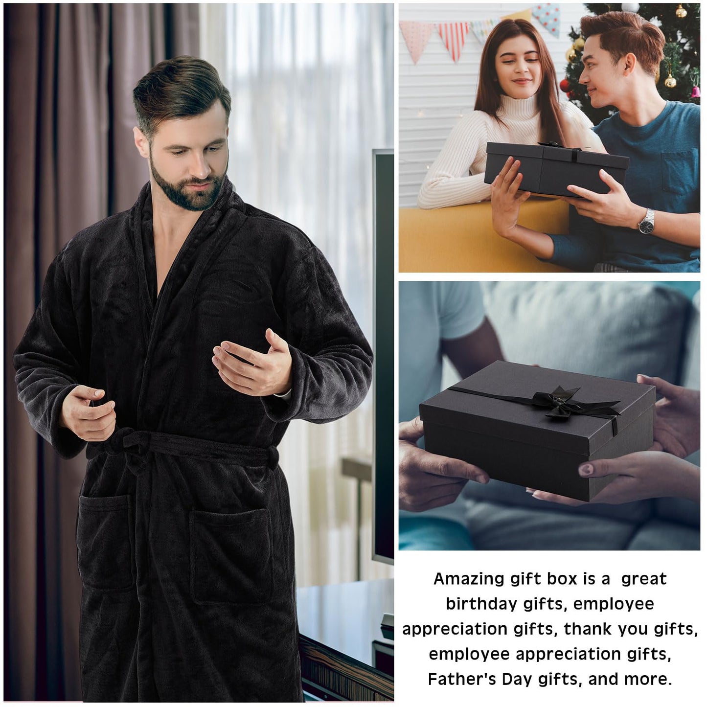 Nuogo 15 Pcs Birthday Gifts for Men Beard Care Set for Him Dad Birthday Gifts Basket Ideas Kit for Men Tumbler Bath Robe for Father's Day Dad Husband Boyfriend Box (Unhooded,Black)
