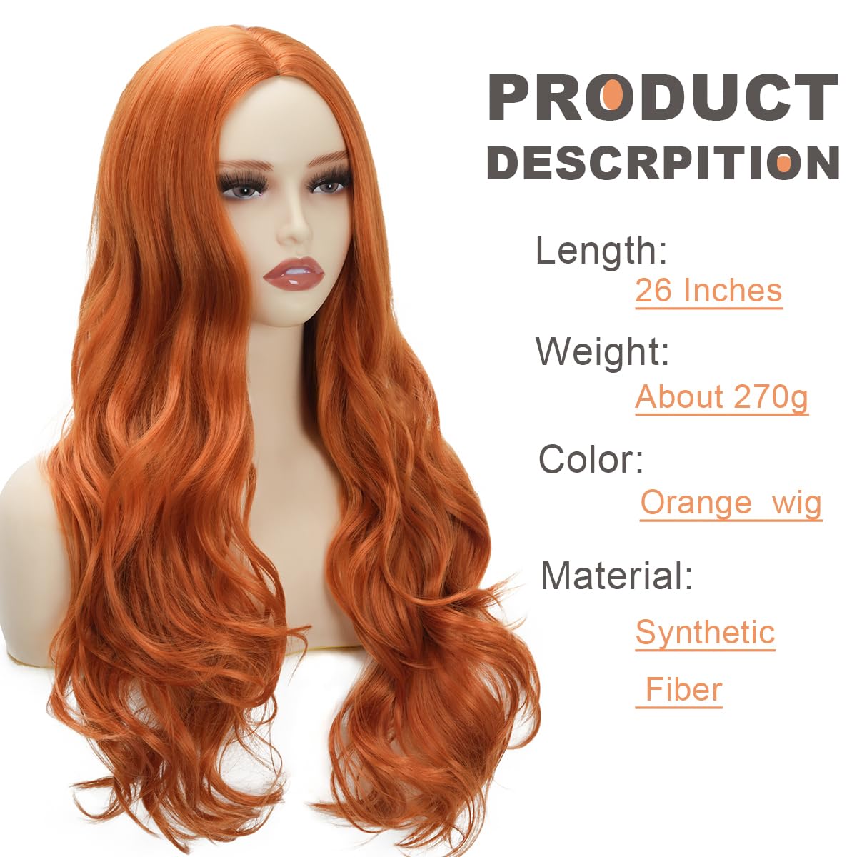 Sabosi Ginger Wig Long Wavy Wigs for Women 26 Inch Middle Part Curly Wavy Wig Natural Looking Synthetic Heat Resistant Fiber Wig for Daily Party Use