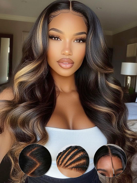 KLAIYI Bye Bye Knots Glueless Wig Human Hair 13x4 Balayage Highlight 3D Body Wave Precut Lace Front Wig with Baby Hair Black Mix Blonde Brown Pre Plucked Pre Bleached Knots Wig 30S Easy to Wear 26Inch