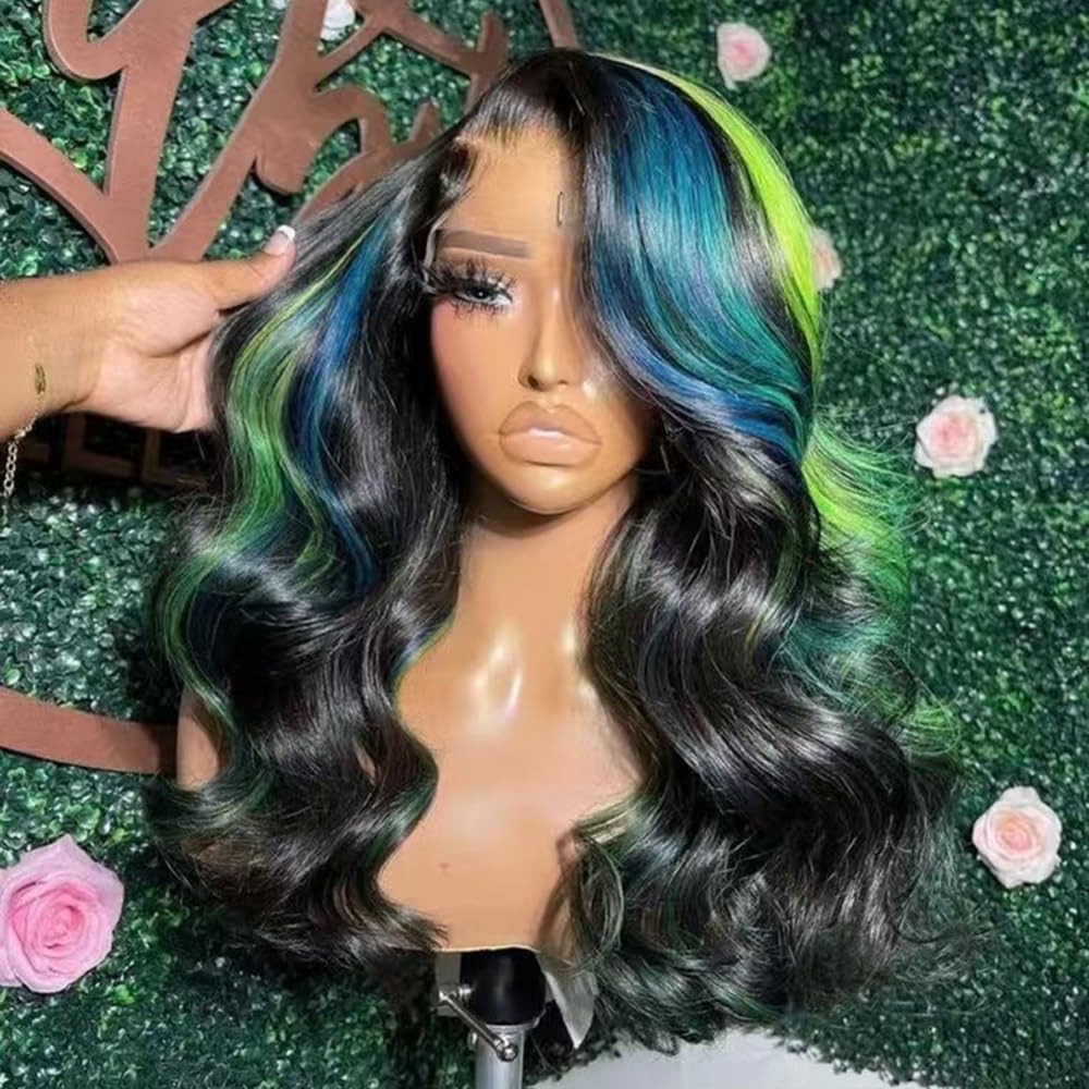 SISIFIRE Blue Green Highlight Lace Front Wigs for Women Pre-plucked Hairline Glueless 13X4 Inch Synthetic Lace Front Wig with Baby Hair Long Loose Body Wave Wigs for Daily Party Wig