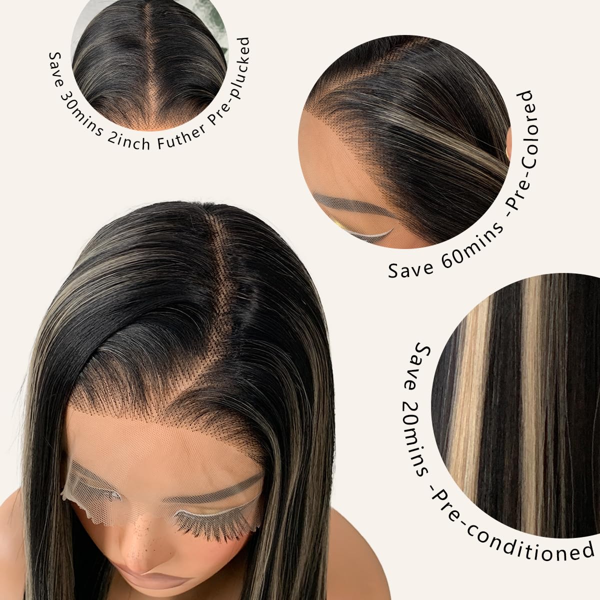 13x6 1B/27 Highlight Lace Frontal Wigs, HD Glueless Synthetic Straight Lace Front Wig Pre-Plucked, Balayage Ombre Synthetic Lace Front Wig 200 Density, 1B/27 Colored For Black Women