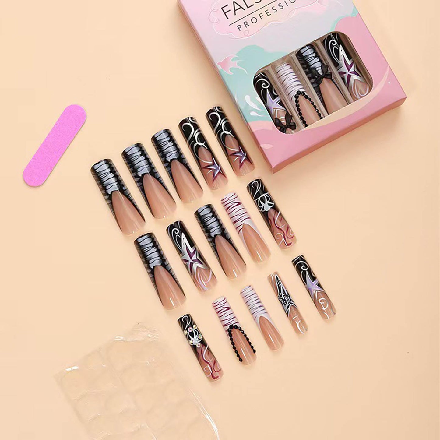 RTKHFZE Extra Long Press on Nails Square Black and Nude Fake Nails with Design,Holiday Press on Nails Hot Girls False Nails 24pcs