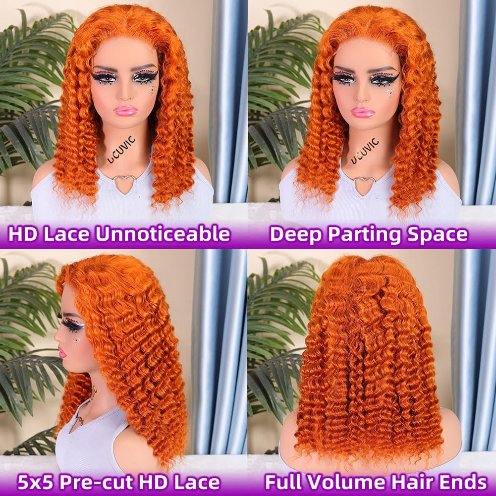 UCUVIC Glueless Wigs Human Hair Pre Plucked Pre Cut Wear And Go Curly 5x5 Deep Wave Bob Wig Human Hair Lace Front Closure Wigs For Black Women 200 Density Curly Wig Glueless Wear And Go Ginger 14 Inch