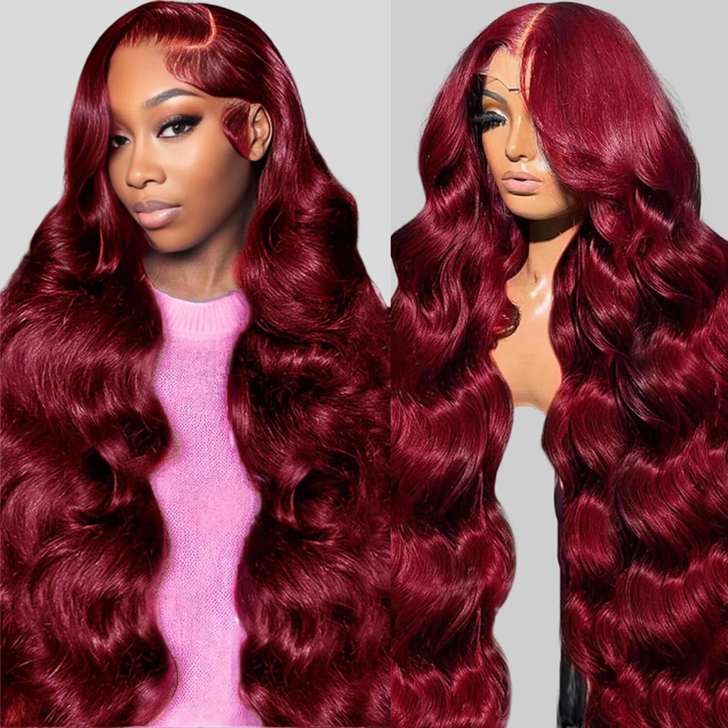 QZOQZO 32 Inch 99J Burgundy Lace Front Wigs Human Hair 13x6 HD Transparent Body Wave Lace Front Wig Pre Plucked 180% Density 99J Burgundy Red Wine Glueless Reddish Brown Human Hair Wigs for Women