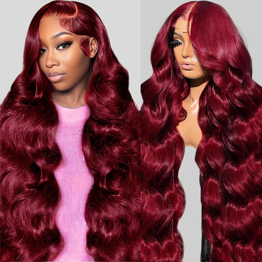 QZOQZO 32 Inch 99J Burgundy Lace Front Wigs Human Hair 13x6 HD Transparent Body Wave Lace Front Wig Pre Plucked 180% Density 99J Burgundy Red Wine Glueless Reddish Brown Human Hair Wigs for Women