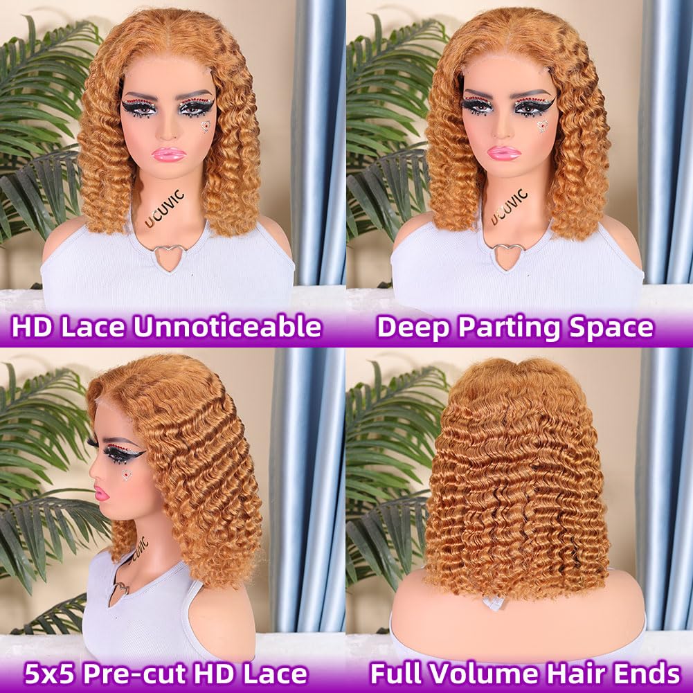 UCUVIC Wear And Go Glueless Wigs Human Hair Pre Plucked Pre Cut Curly 5x5 Deep Wave Bob Wig Human Hair Lace Front Closure Wigs For Black Women 200 Density Curly Wig Glueless Honey Blonde 12 Inch