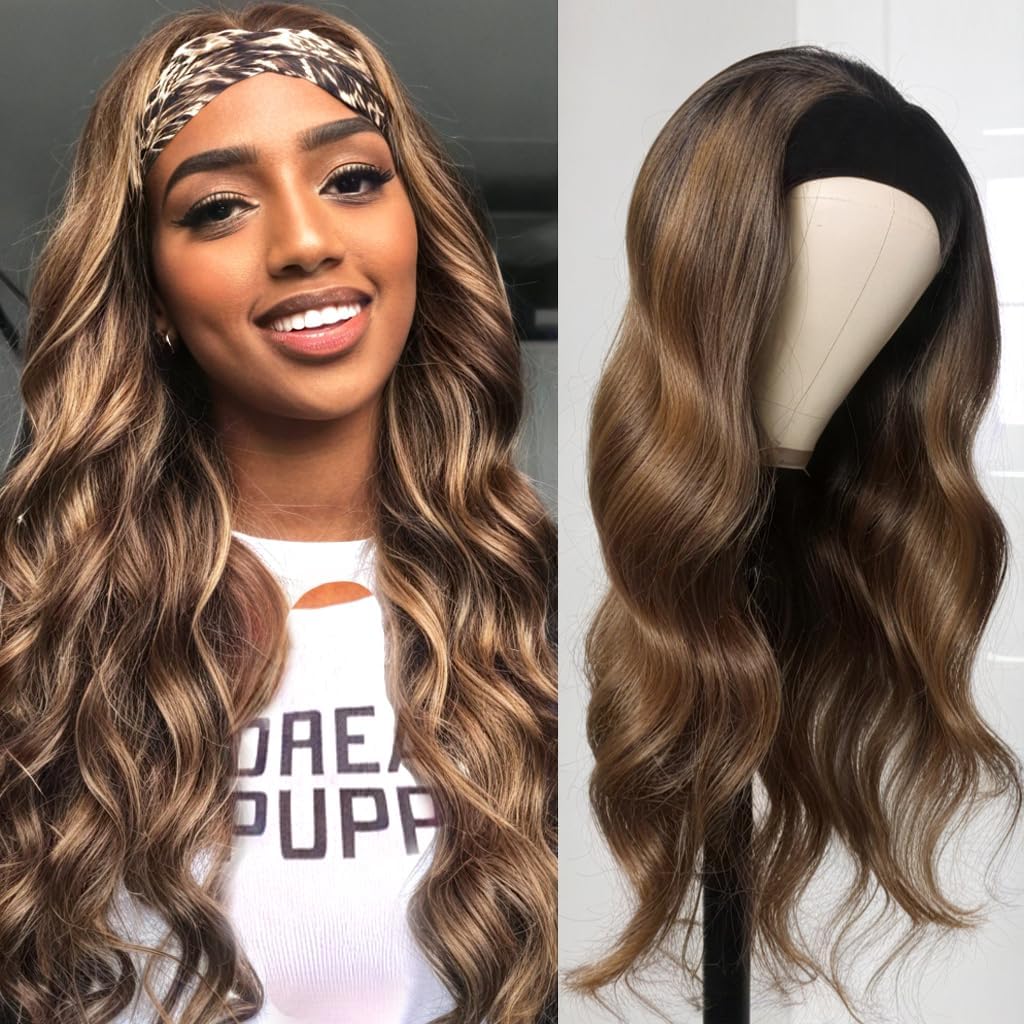 olimaruly Headband Wig Human Hair 20 inch Body Wave Ombre Headband Wigs None Lace Front Highlight Machine Made Wigs for Black Women 150% Density