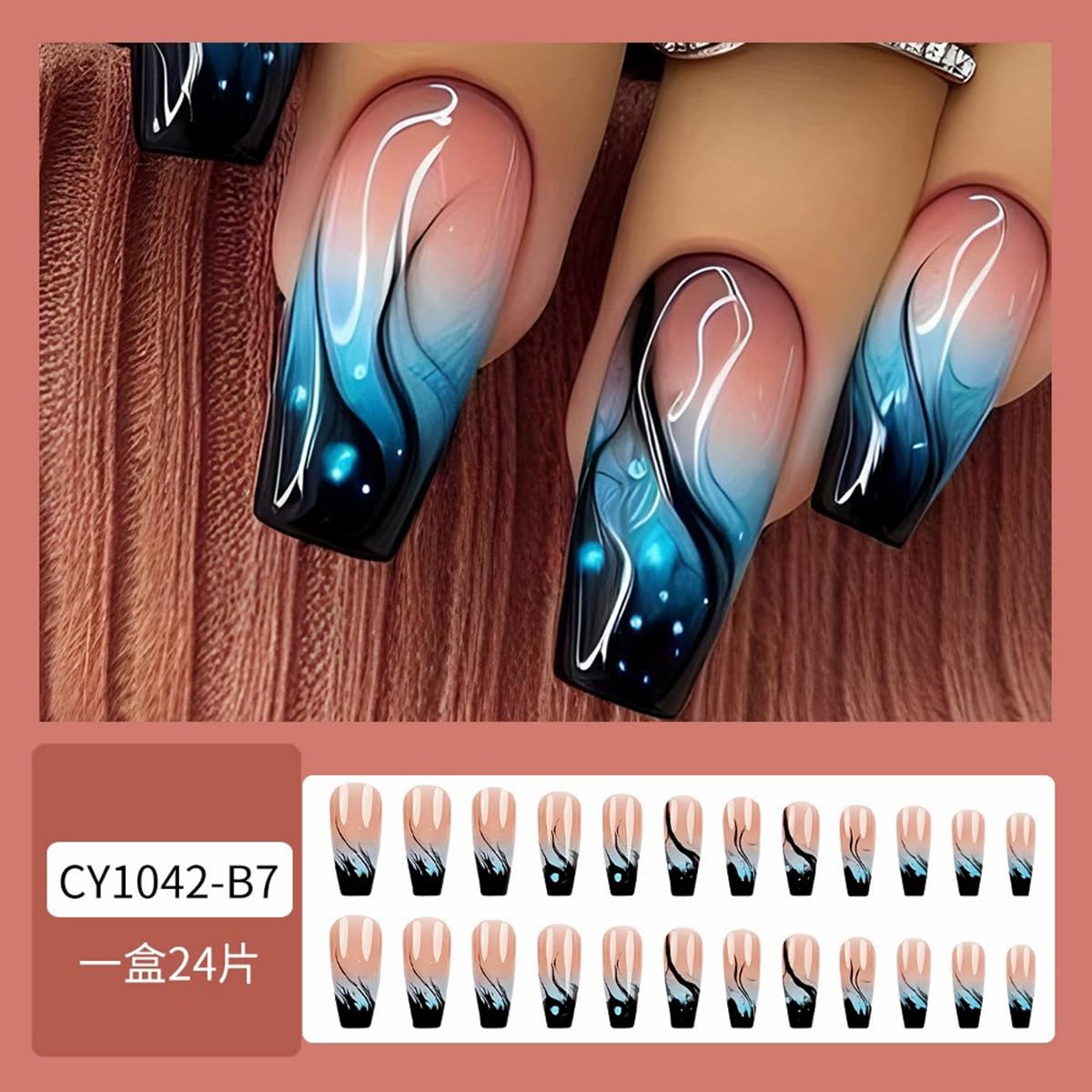 juggssa Press on Nails Long Glossy Blue Ombre Flame Acrylic Nails 24pcs Set with Glue Stick on Nails for Women Spring Summer Manicure Nail Art