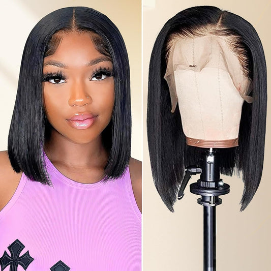 Karlami Bob Wig Human Hair 13x4 Frontal Lace Wig Body Wave HD Lace Front Wigs Human Hair Pre Plucked Glueless Bob Wigs for Women 150% density (Black, 12'')