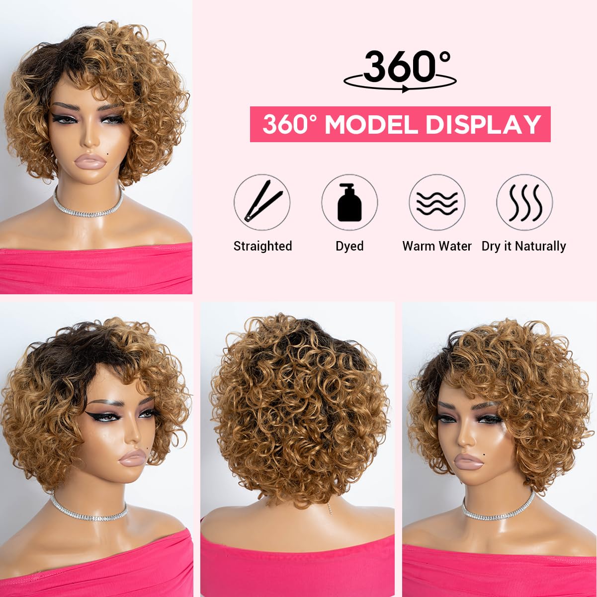 Rebecca Fashion Short Curly Human Hair Wigs for Black Women Cute Curly Bob Wig Side Part Brazilian Remy Non Lace Glueless Wigs Natural Looking Ombre Dark Brown to Honey Blonde Color