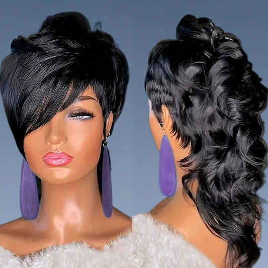 PurpleSexy 80s90s Mullet Pixie Cut Wigs 12inch Short Layered Pixie Cut Curly Human Hair Wigs for Black Women Put on and Go Glueless Brazilian Virgin Curly Human Hair