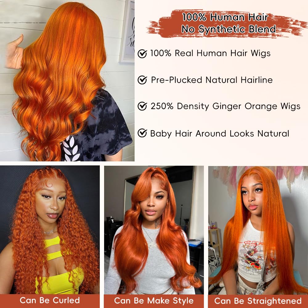 Femca 28 Inch Ginger Wig Human Hair 100% Vigin Hair Full 250 Density 13x6 Orange Ginger Body Wave Lace Front Wigs Human Hair Pre Plucked #350 Colored Frontal Wigs Minimal Shedding No Tangle
