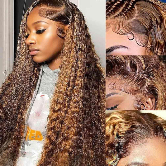 WPPIKK Highlight Lace Front Wig Human Hair 180 Density Brazilian Wet and Wavy Human Hair Wigs for Black Women Curly P4/27 Colored 13x4 Lace Frontal Wig (P4/27 Highlight Color, 24 Inch)