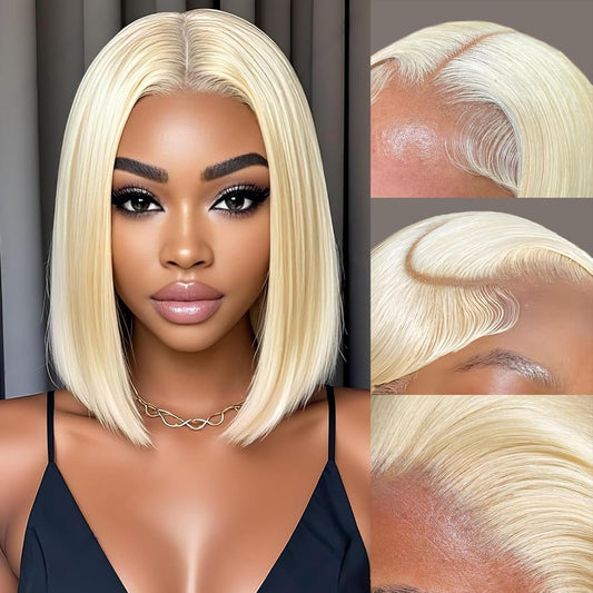 RMOARIWR 613 Blonde Bob Wig Human Hair 180% Density 13x4 HD Transparent Lace Front Wigs Human Hair Pre Plucked Short 613 Blonde Bob Glueless Straight Wigs Human Hair for Women 14 Inch