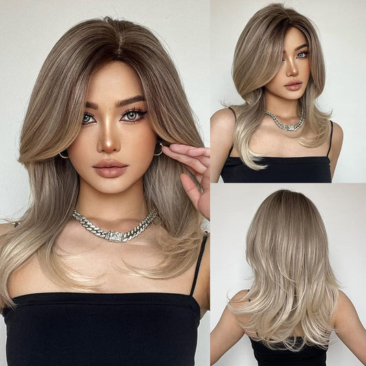 Tumhorn Ombre Blonde Wig for Women Long Wavy Middle Part Synthetic Brown Ombre Blonde Wig for Daily Party 20 Inch Natural Wigs