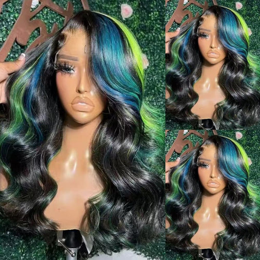 SISIFIRE Blue Green Highlight Lace Front Wigs for Women Pre-plucked Hairline Glueless 13X4 Inch Synthetic Lace Front Wig with Baby Hair Long Loose Body Wave Wigs for Daily Party Wig