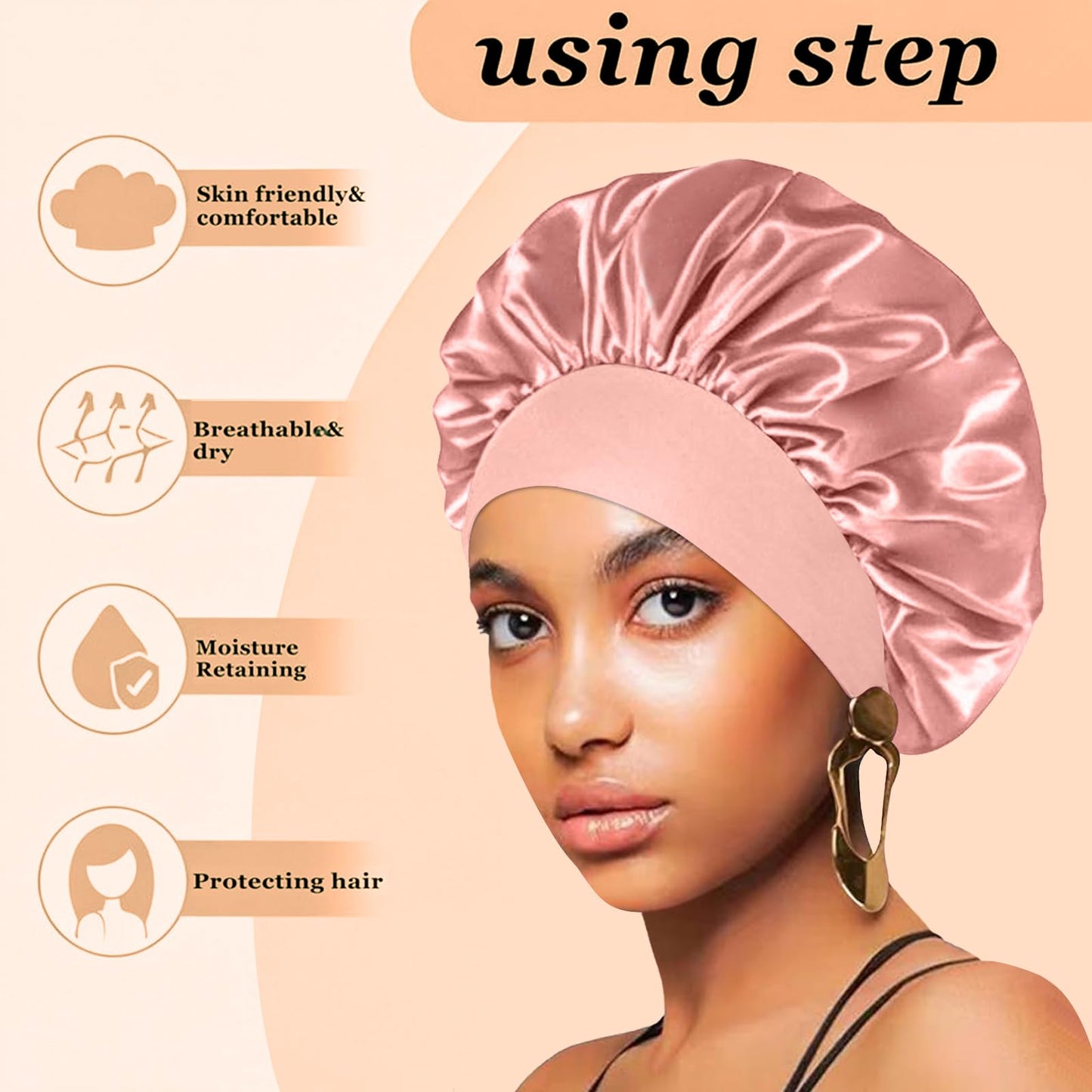 4PCS Silk Satin Bonnets for Black Women & Men - Elastic Wide Band Hair Wrap Cap for Curly Hair - Shower Cap for Sleeping (Blush Pink，Black, Peacock Blue, Purple)