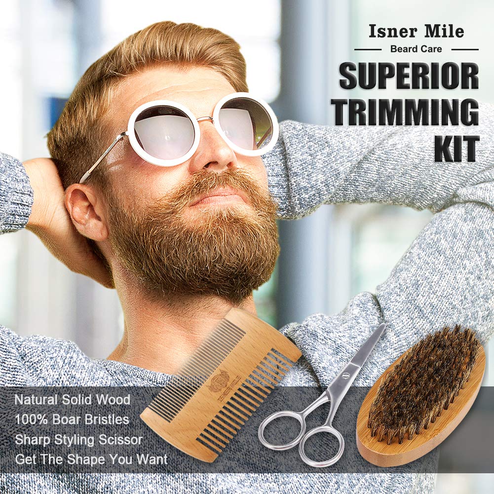 Isner Mile Beard Kit for Men, Grooming & Trimming Set with Beard Shampoo Wash, Beard Oil, Balm, Brush, Comb, Scissors & Storage Bag, Birthday Gifts Valentines Day Gifts for Him Dad Men Boyfriend