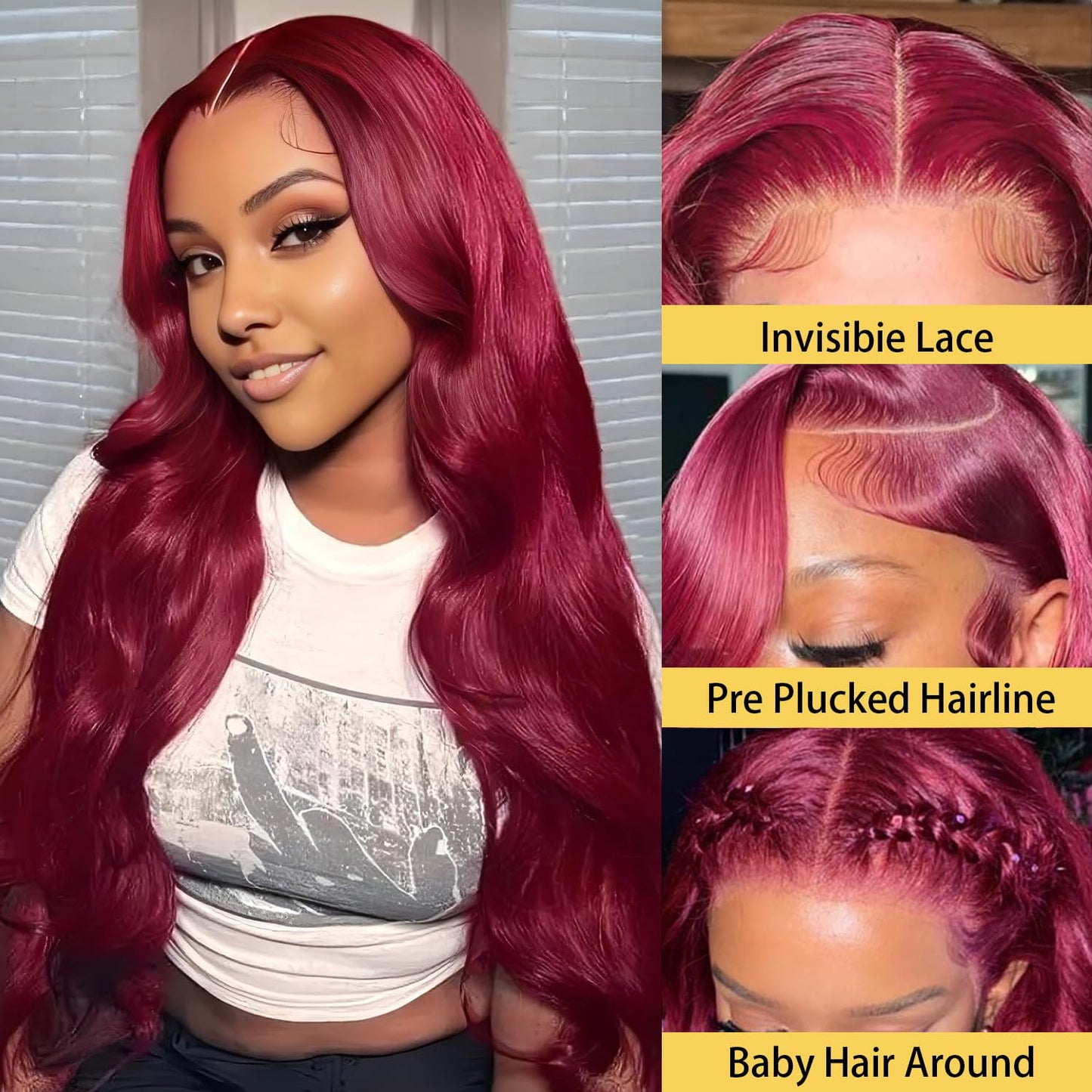 Gearina 26 Inch Burgundy Body Wave Wigs Human Hair 13x4 99J HD Body Wave Lace Front Wigs Human Hair Pre Plucked Glueless Lace Front Wigs Human Hair 200% Density for Women