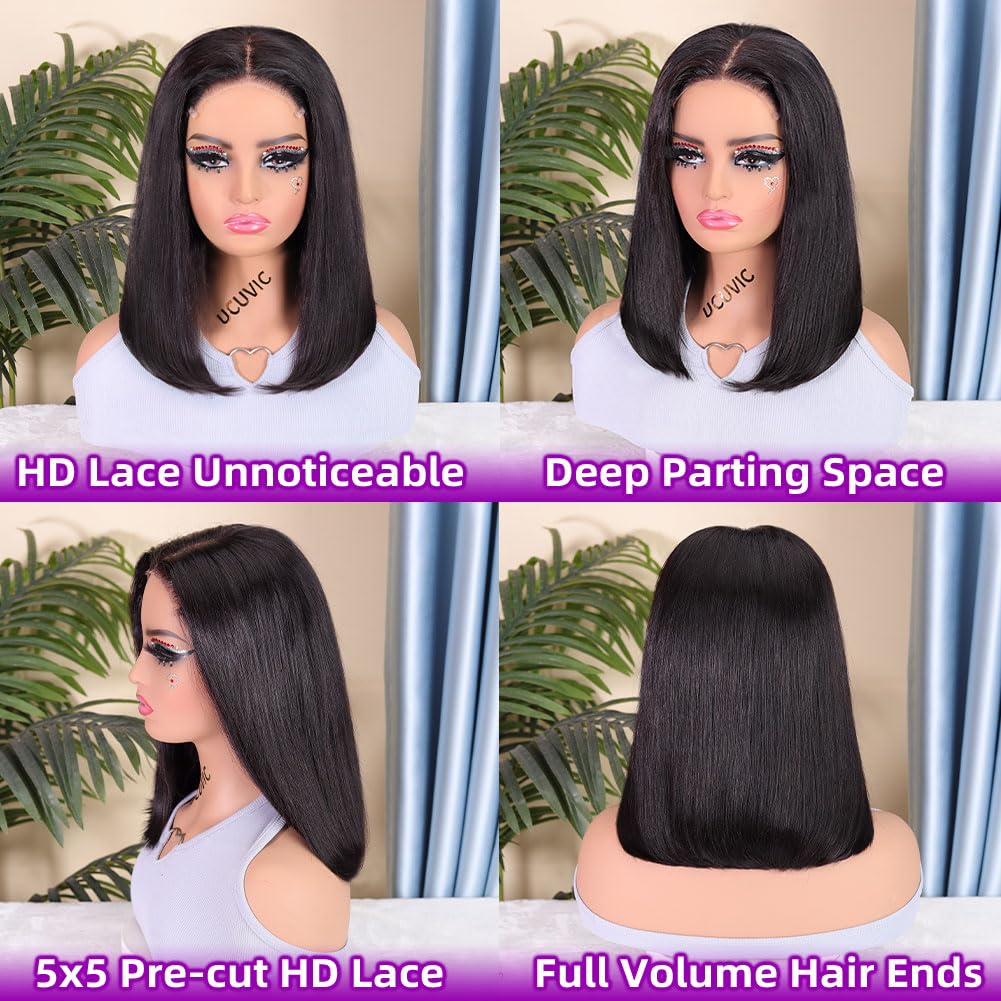 UCUVIC Wear And Go Glueless Bob Wig Human Hair Pre Plucked Pre Cut 200% Density 5x5 Hd Lace Front Closure Short Wig Human Hair Glueless Straight Bob Wigs For Black Women No Glue 14 Inch