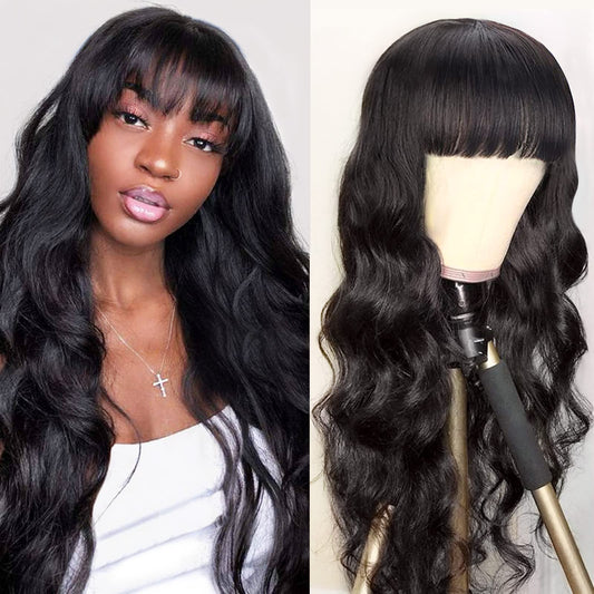Lativ Body Wave Human Hair Wigs with Bangs None Lace Front Wigs 150% Density Brazilian Virgin Hair Glueless Machine Made Wigs for Black Women Natural Color(28 Inch, Body Wave)