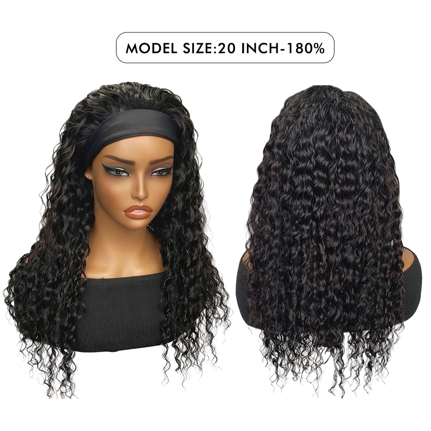 olimaruly Headband Wig Human Hair Deep Wave Natural Black 180% Density None Lace Front Human Hair Glueless Wigs for Black Women (14 Inch)