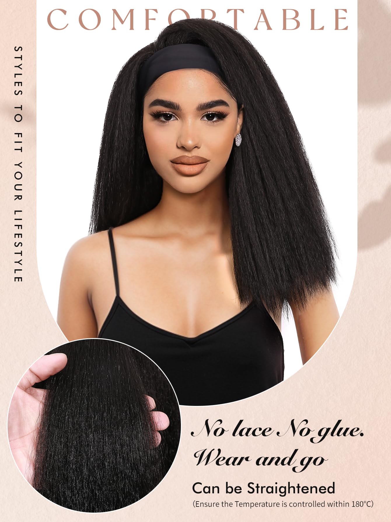 WIGNEE Kinky Straight Headband Wig Kinky Wig with Ribbon Glueless Headband Wigs for Black Women Natural Synthetic Afro Wigs for Black Women Natural Black 14 Inch