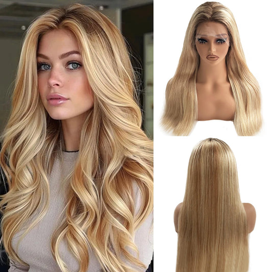 Belaved Wigs Human Hair Highlight Lace Front Ombre 13x4 Straight HD Lace Front Wig Golden Brown to Blonde Balayage Lace Frontal for Women 150% Density Glueless Pre Plucked with Baby Hair 16 Inch